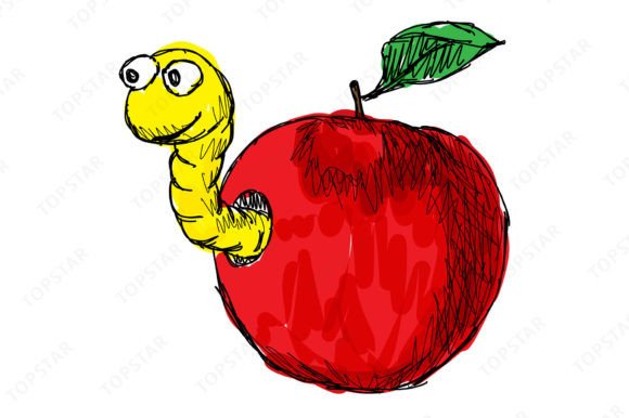 Evaluating the Red Apple Fruit with Cute Worm Cartoon for Commercial Design