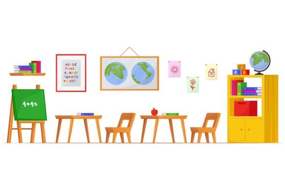 Interior Classrooms in Kindergarten for Drawing, Mathematics, and Creativity
