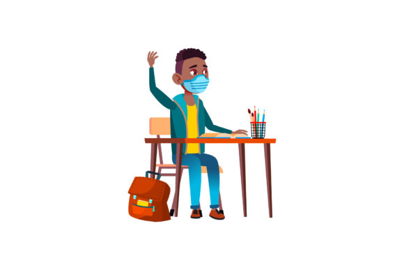 School Kid Boy Wearing Mask Vector